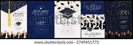 Graduation party. Vector illustration of a mortarboard cap, hands tossing hats, confetti, and elegant typography. Modern graduate celebration invitation templates for the class of 2026.