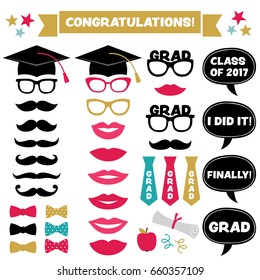 Graduation party vector set (caps, lips, mustaches)