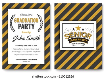 Graduation Party Vector Template Invitation To The Traditional Ceremony, College, University Or High School Student Party, Welcoming Poster With Elegant Striped Design