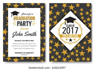 Graduation party vector template invitation to the traditional ceremony, college, university or high school student party, welcoming poster with elegant star design