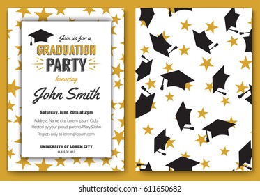 Graduation party vector template invitation to the traditional ceremony, college, university or high school student party, graduation caps thrown in the air with elegant star design