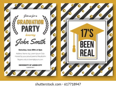 Graduation Party Vector Template Invitation To The Traditional Ceremony, College, University Or High School Student Party, Welcoming Poster With Elegant Gold Design