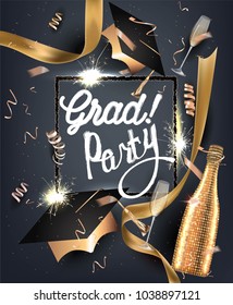 Graduation partybanner with golden deco objects and sparkler frame. Vector illustration