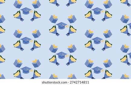 Graduation pattern background with graduation caps flower bouquets and gift boxes celebration design