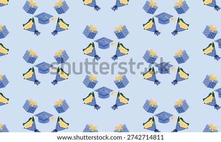Graduation pattern background with graduation caps flower bouquets and gift boxes celebration design
