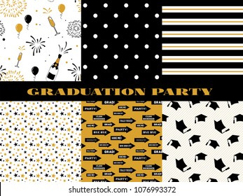 Graduation pattern collection. Black and golden vector background for graduation party or ceremony invitation, greeting card or web page and poster design. Vector flat.