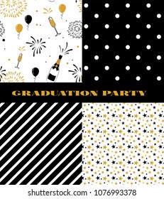 Graduation pattern collection. Black and golden vector background for graduation party or ceremony invitation, greeting card or web page and poster design. Vector flat.