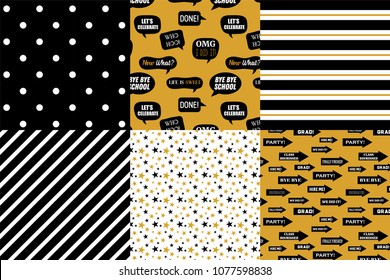 Graduation pattern collection. Black and golden vector background for graduation party or ceremony invitation, greeting card or web page and poster design. Vector flat illustration