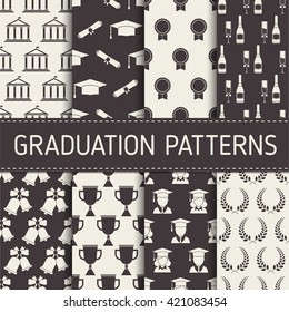 Graduation pattern collection. Graduational seamless background set with graduate man and woman, hat, trophy, champagne,bell, wreath, seal and college building elements.