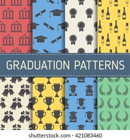 Graduation pattern collection. Graduational seamless background set with graduate man and woman, hat, trophy, champagne,bell, wreath, seal and college building elements.