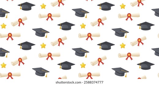 Graduation pattern. Seamless pattern with black graduation caps, diplomas, gold stars, and red ribbons on a white background. For greeting card, textiles, wallpaper, wrapping paper.
