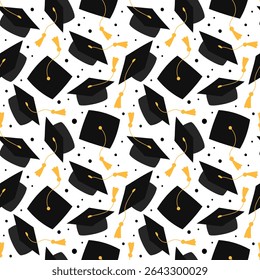 Graduation pattern, seamless vector background. Grad caps in air. Square academic hats, mortarboards. High school, college, academy graduate symbols pattern