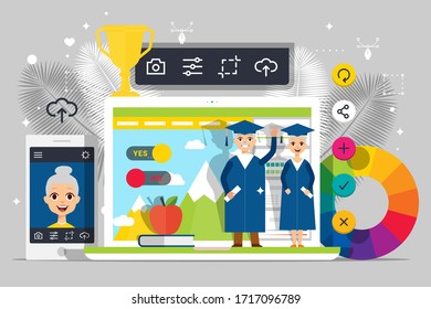 Graduation people, online education for seniors vector illustration. Information app for cartoon student. Happy man, woman near screen with internet course, pupil character account.