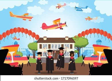 Graduation people pilot academy, future employees airline, vector illustration. Airplane icon on mantle, planes and balloons fly in clear sky. Cartoon students with graduation diplomas.