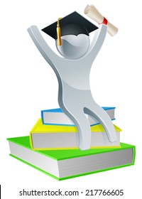 Graduation person on books holding diploma scroll and wearing mortar board, education concept