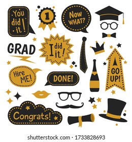 Graduation Photo Booth Flat Icon Collection. Graduating Funny Stickers, School Party Props, Speech Bubbles Vector Illustration Set. Modern Photo Design And Decoration Concept