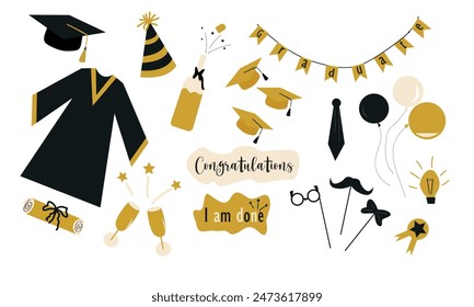 Graduation photo booth flat icon collection. Graduating funny stickers, school party props, speech bubbles vector illustration set. Modern photo design and decoration concept