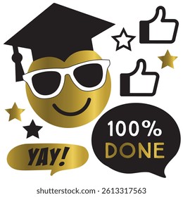 Graduation photo booth flat icon collection. Graduating funny stickers, school party props, speech bubbles vector illustration set. Modern photo design and decoration concept