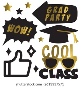 Graduation photo booth flat icon collection. Graduating funny stickers, school party props, speech bubbles vector illustration set. Modern photo design and decoration concept