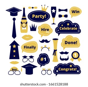 Graduation photo booth. School party props. Graduate funny sticker, speech bubbles. Isolated selfie decoration, congrats students vector set