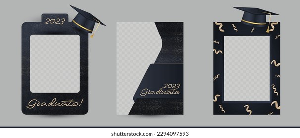 Fotograma de graduación con el collage o el gorro de la escuela secundaria. Clase de diseño elegante 2023 para fiesta de graduados, selfie, zona de cabina de fotos, álbum, etc. Ilustración vectorial