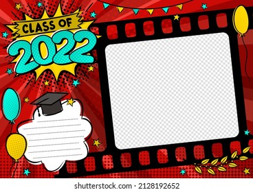 Fotografía de graduación en estilo de arte pop para 2022. Luminosa página para fotos de clase. Plantilla para el diseño de marcos para graduados, fotografías, afiches, tarjetas, pegatinas. Ilustración vectorial.