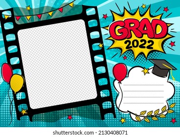 Graduation Photo Frame In Pop Art Style For 2022. Bright Page For Class Photos. Template For The Design Of Frames For Graduates, Photographs, Posters, Cards, Stickers. Vector Illustration.