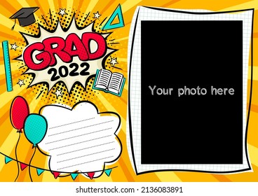 Fotografía de graduación en estilo de arte pop para 2022. Luminosa página para fotos de clase. Plantilla para el diseño de marcos para graduados, fotografías, afiches, tarjetas, pegatinas. Ilustración vectorial.