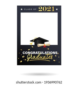 Graduation Photo Frame With University Or High School Cap And Diploma Scroll. Class Of 2021 Elegant Design For Grad Party, Selfie, Photo Zone, Album Etc. Photo Booth Prop Vector Illustration.