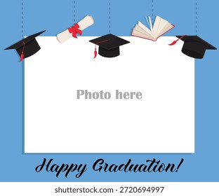 Graduation photo frame vector template with academic hat diploma and book for school celebration vibrant education
