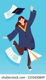 Graduation photo of student wearing bachelor uniform with nature and river in background, vector illustration