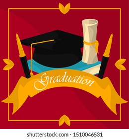 Graduation poster with cap, diploma and pens - Vector