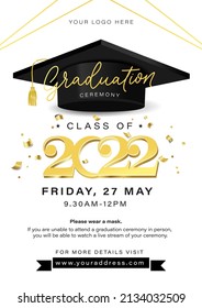 Graduation poster concept with university or high school cap.Class of 2022 elegant design for grad party, greeting card, album, ceremony etc. Congratulations graduates Vector illustration.