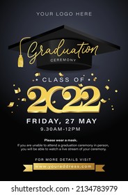 Graduation poster concept with university or high school cap.Class of 2022 elegant design for grad party, greeting card, album, ceremony etc. Congratulations graduates Vector illustration.