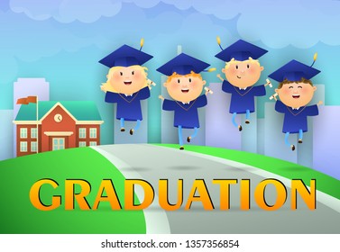 Graduation poster design. Cartoon graduates in mortarboards and gowns, road to school, grass, and city in background. Illustration can be used for banners, flyer, commencement ceremony