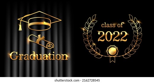 Graduation poster or flyer design with student cap and diploma. Black and gold. Vector template for graduation invitation, party or greeting card.