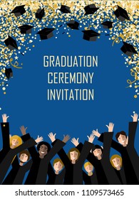 Graduation poster with happy graduates throwing graduation hats in the gold confetti sky. Vector illustration