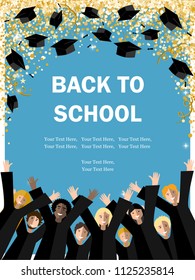 Graduation poster with happy graduates throwing graduation hats in the gold confetti sky. Vector illustration