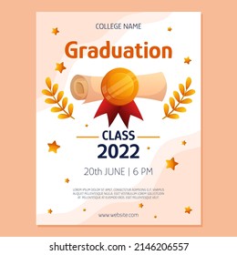 Graduation poster invitation with diploma script and golden medal, stars and branches. Vector layout template. Degree ceremony invite. Student flyer design.