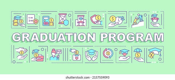 Graduationsprogramm Wort Konzepte Grün Banner. Sozialhilfe. Infografiken mit Symbolen auf Farbhintergrund. Alleinstehende Typografie. Vektorgrafik mit Text. Arial-Black-Schriftart verwendet
