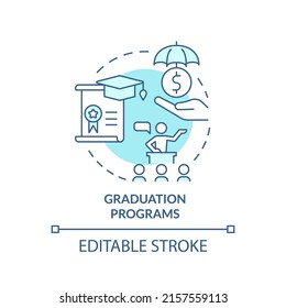 Graduation programs turquoise concept icon. Training and coaching. Social assistance abstract idea thin line illustration. Isolated outline drawing. Editable stroke. Arial, Myriad Pro-Bold fonts used