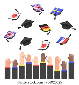 Graduation. Raised hands throwing up graduate hats with flags of different countries / flat editable vector illustration, clip art