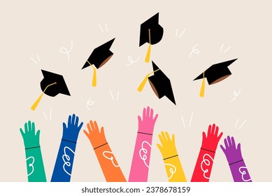 Graduation. Raising hands throwing up graduate hats. Colorful vector illustration
