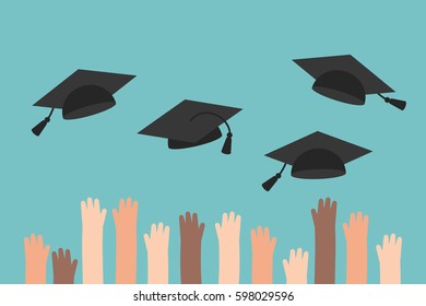 Graduation. Raising hands throwing up graduate hats / flat editable vector illustration, clip art