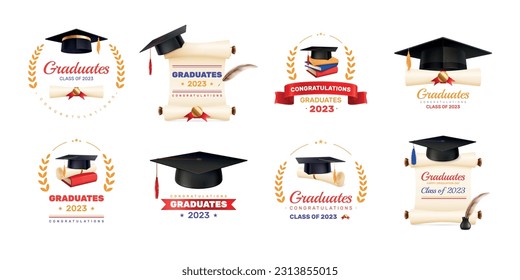 Graduación de conjunto realista de ocho emblemas y etiquetas aislados con diploma de texto ornamentado y imágenes de sombrero ilustraciones vectoriales