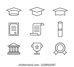 Graduationsbezogene Icon-Set mit einfachen und minimalen Linien. Abitur, Diplom, Trophäe, Zertifikat, Diplom.