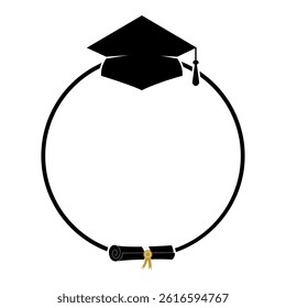 Graduation round frame template isolated on white. Vector border with graduation hat and diploma. Perfect for banner, card, poster, flyer, invitation, etc