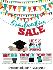 Graduation sale bunting, mortarboard and diploma background with coupons. EPS 10 vector.