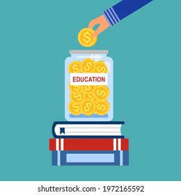 Graduation savings concept vector illustration. Hand putting dollar coin to piggy bank. Education pricing and cost in flat design. Student scholarship.