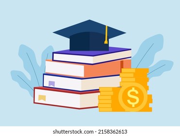 Graduation savings concept vector illustration. Stack of books, coins and graduation hat. Education cost in flat design. Student scholarship.